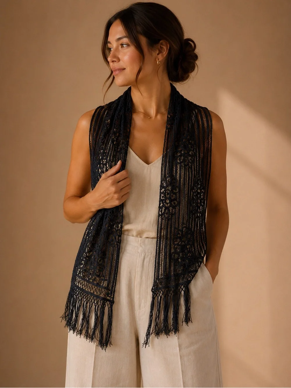 Black Crochet Lace Fringe Scarf Shawl Boho Festival Wrap